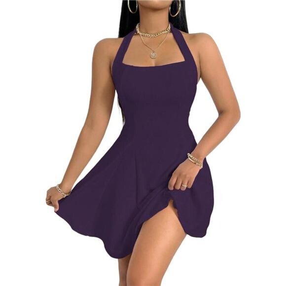 Women's Summer Dress Sleeveless Halter Neck Purple - Picture 3 of 5